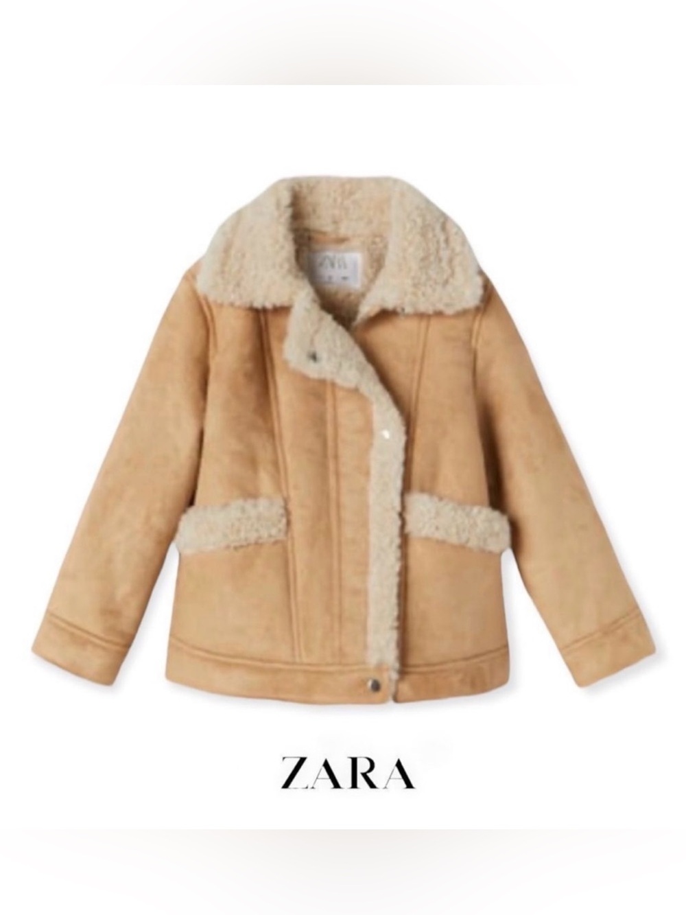 Zara Kids Tan Faux‑Suede Puffer Jacket with Cream Sherpa Trim